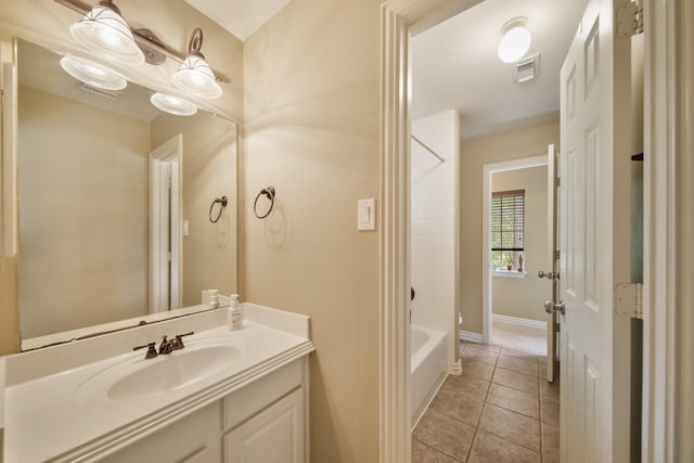 bathroom with shower / bathtub combination, visible vents, tile patterned flooring, and vanity