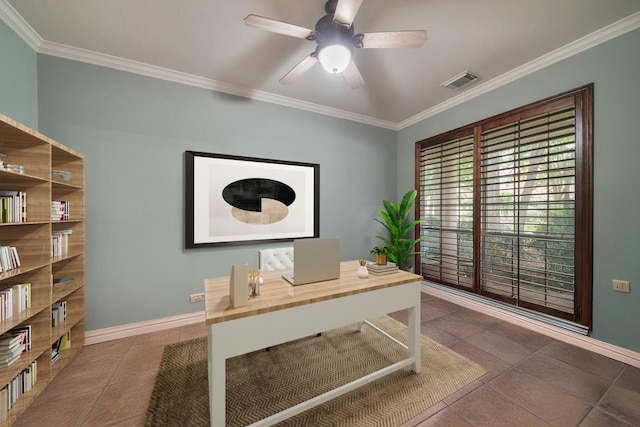 tiled office space with crown molding, baseboards, ceiling fan, and visible vents
