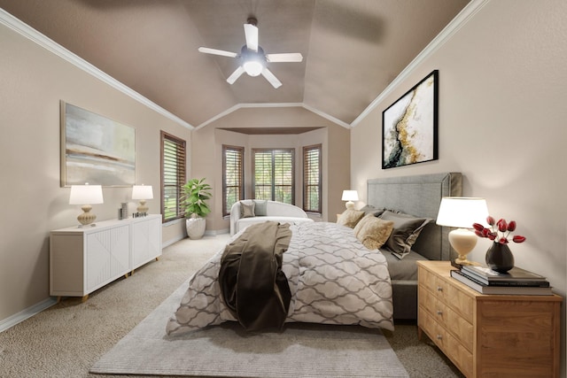 bedroom featuring ceiling fan, vaulted ceiling, baseboards, ornamental molding, and light carpet