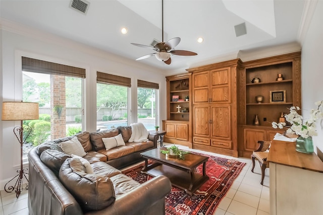 3210 Oakmont Dr, Sugar Land, TX 77479 - living room with visible vents, recessed lighting, ceiling fan, and light tile patterned flooring