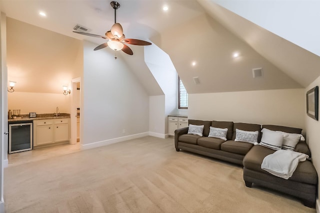 3210 Oakmont Dr, Sugar Land, TX 77479 - living room with visible vents, lofted ceiling, light carpet, baseboards, and ceiling fan