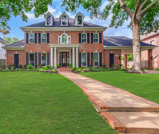 3210 Oakmont Dr, Sugar Land, TX 77479 - colonial home with brick siding, a shingled roof, and a front lawn