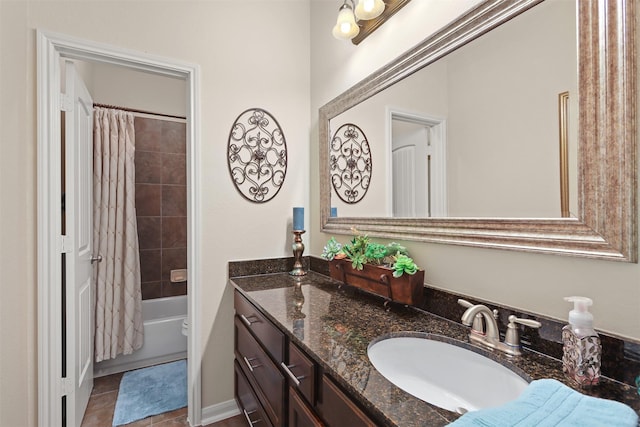bathroom featuring vanity, tile patterned flooring, and shower / bathtub combination with curtain