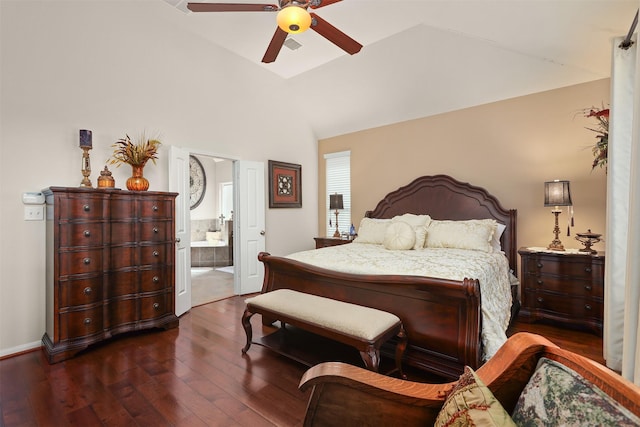 bedroom with a ceiling fan, high vaulted ceiling, baseboards, dark wood-style floors, and ensuite bathroom
