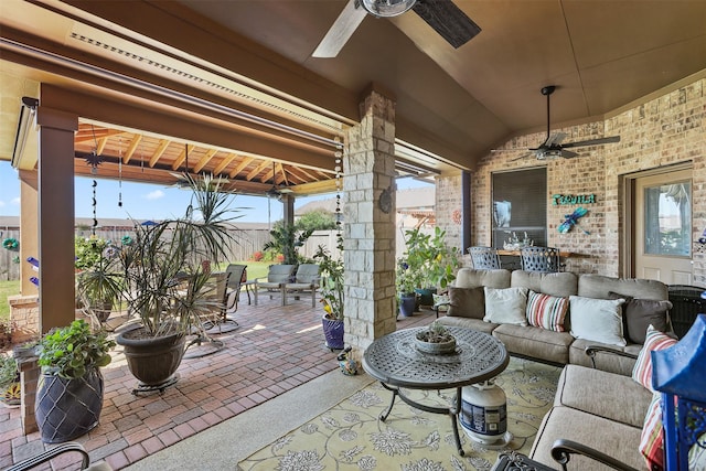 view of patio / terrace with ceiling fan, outdoor lounge area, and a fenced backyard