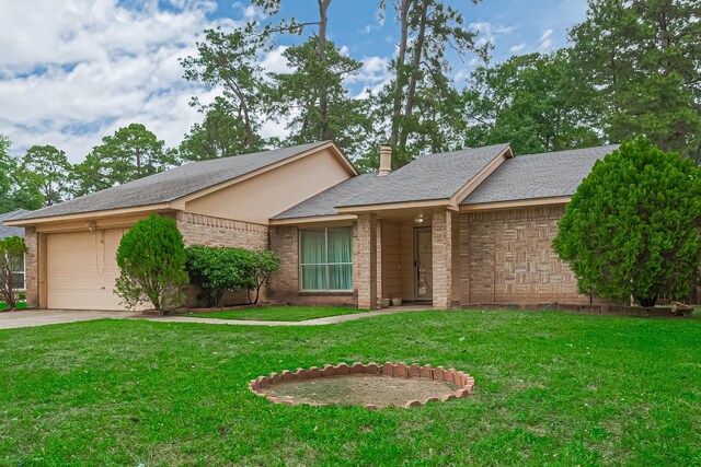 ranch-style house featuring concrete driveway, brick siding, a front lawn, and a garage