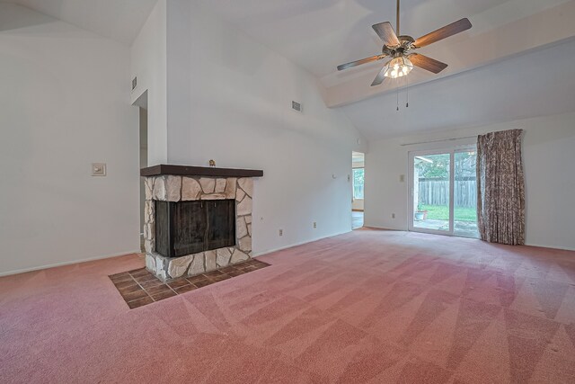 unfurnished living room featuring high vaulted ceiling, a stone fireplace, carpet, a ceiling fan, and baseboards