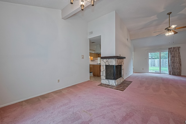 unfurnished living room with a ceiling fan, baseboards, light carpet, and a fireplace