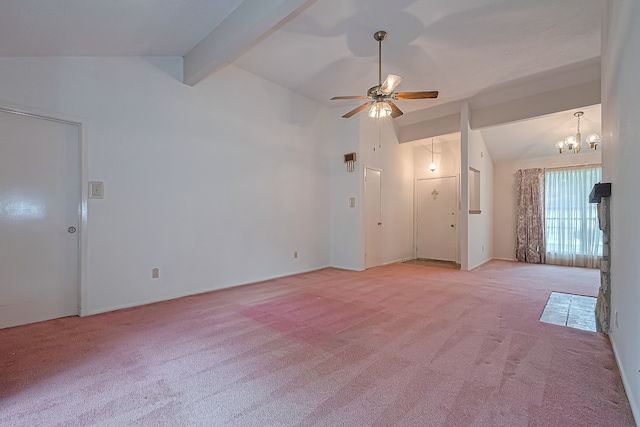 unfurnished room featuring lofted ceiling with beams, light carpet, and ceiling fan with notable chandelier