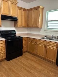 kitchen featuring a sink, light wood-style floors, black electric range oven, and under cabinet range hood