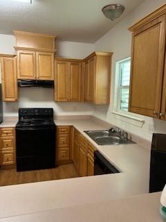 kitchen featuring under cabinet range hood, a sink, black electric range oven, and light countertops