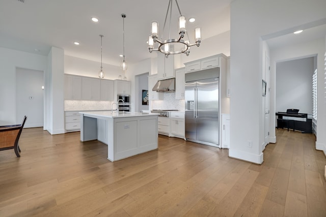 kitchen with built in appliances, under cabinet range hood, tasteful backsplash, and light countertops