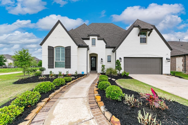 french country home with a shingled roof, an attached garage, brick siding, a front yard, and concrete driveway