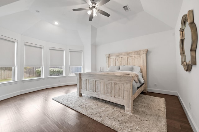 bedroom featuring high vaulted ceiling, a ceiling fan, baseboards, visible vents, and dark wood-style floors