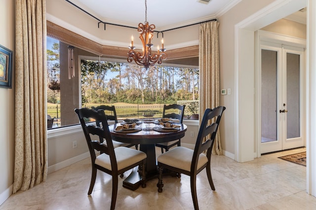 3034 Serena Vista Way, Houston, TX 77068 - dining room with a chandelier, french doors, ornamental molding, and baseboards