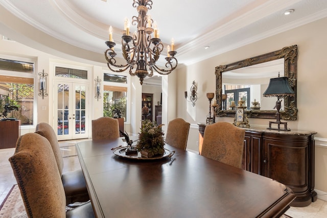 3034 Serena Vista Way, Houston, TX 77068 - dining area featuring ornamental molding, french doors, a chandelier, recessed lighting, and a tray ceiling