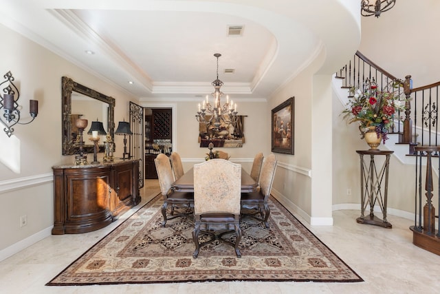 3034 Serena Vista Way, Houston, TX 77068 - dining room with stairway, a chandelier, a raised ceiling, and ornamental molding