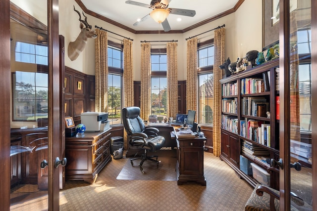 3034 Serena Vista Way, Houston, TX 77068 - office with carpet floors, french doors, a ceiling fan, and crown molding