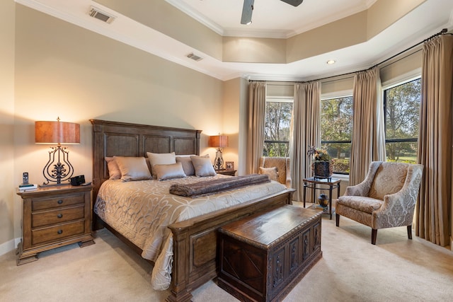 3034 Serena Vista Way, Houston, TX 77068 - bedroom featuring light colored carpet, crown molding, a raised ceiling, baseboards, and ceiling fan