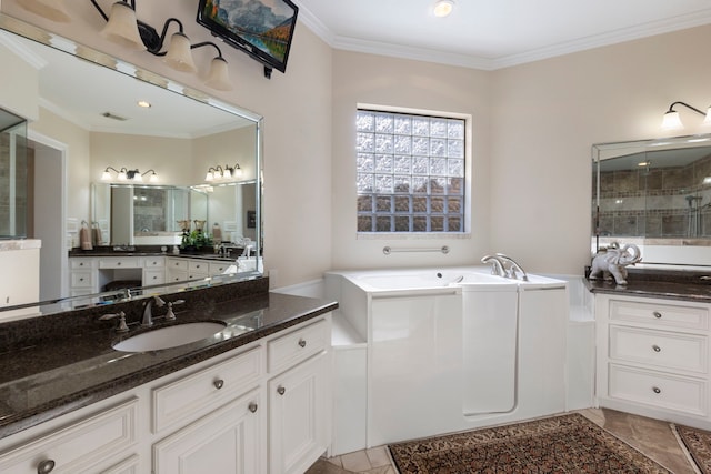 3034 Serena Vista Way, Houston, TX 77068 - full bathroom featuring a bath, ornamental molding, a shower stall, and vanity