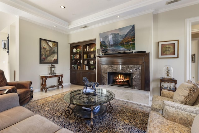 3034 Serena Vista Way, Houston, TX 77068 - living area with a fireplace, crown molding, baseboards, and recessed lighting