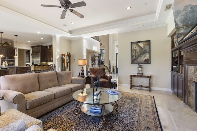 3034 Serena Vista Way, Houston, TX 77068 - living room featuring ceiling fan, baseboards, crown molding, recessed lighting, and a tray ceiling