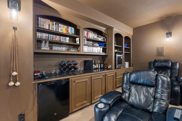 3034 Serena Vista Way, Houston, TX 77068 - indoor dry bar featuring fridge, light carpet, and a textured ceiling