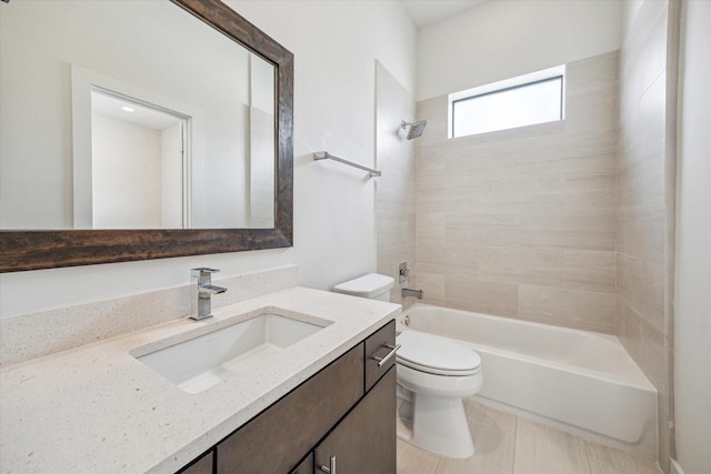 full bath featuring shower / bathtub combination, toilet, and vanity