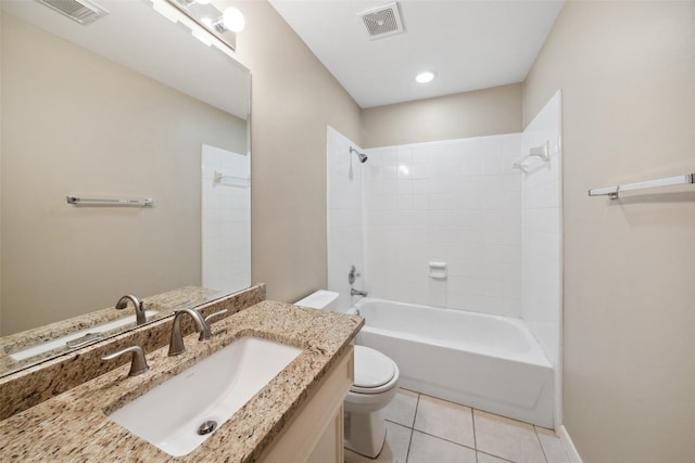 bathroom with visible vents, shower / tub combination, tile patterned flooring, and toilet