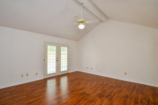 unfurnished room with baseboards, lofted ceiling with beams, ceiling fan, and wood finished floors