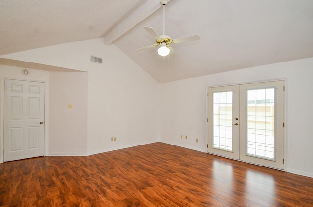 empty room with visible vents, ceiling fan, wood finished floors, and french doors