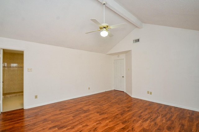 spare room featuring ceiling fan, beam ceiling, wood finished floors, and visible vents