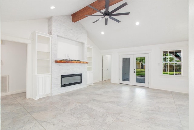 unfurnished living room featuring high vaulted ceiling, a large fireplace, built in shelves, beamed ceiling, and visible vents