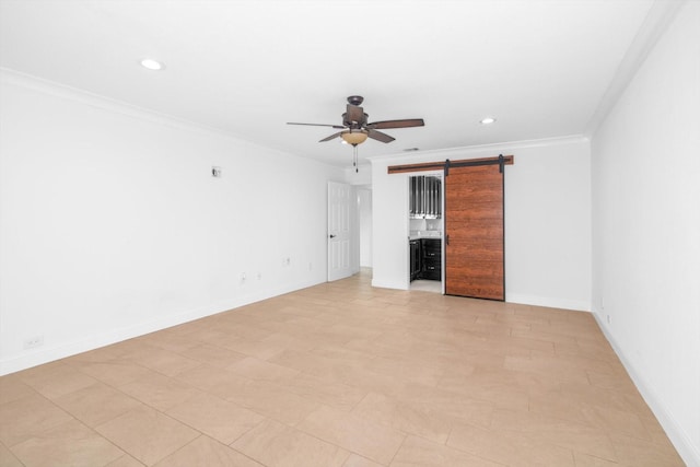 spare room with recessed lighting, ceiling fan, ornamental molding, and baseboards