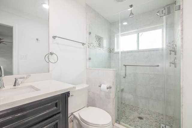 bathroom featuring toilet, a shower stall, and vanity