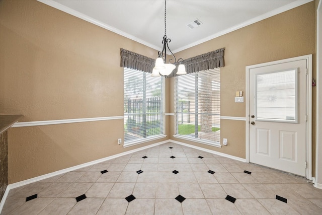 unfurnished dining area with a notable chandelier, tile patterned floors, baseboards, visible vents, and ornamental molding