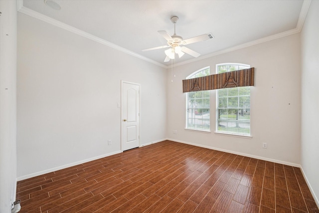 unfurnished room with crown molding, baseboards, a ceiling fan, and dark wood-style floors