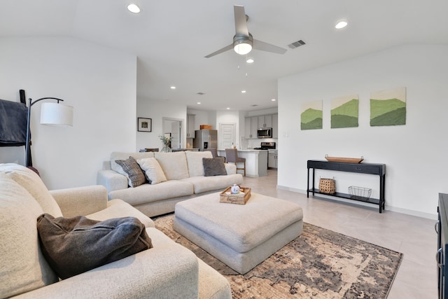29823 Case Canyon Ln, Katy, TX 77494 - living area featuring recessed lighting, ceiling fan, visible vents, and vaulted ceiling
