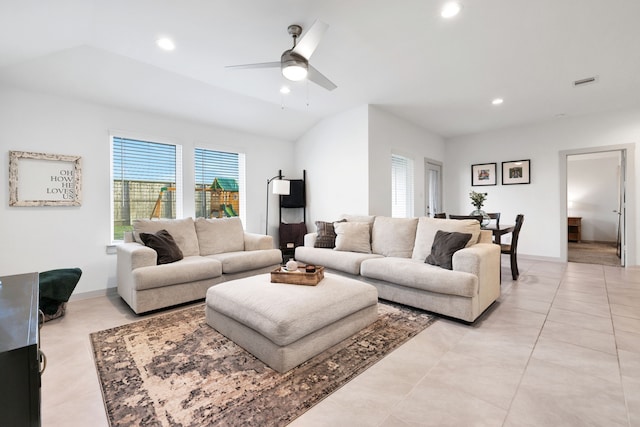 29823 Case Canyon Ln, Katy, TX 77494 - living room featuring ceiling fan, visible vents, light tile patterned floors, lofted ceiling, and recessed lighting