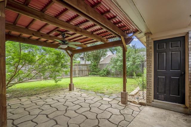 view of patio featuring a ceiling fan and a fenced backyard