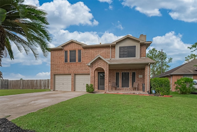 10834 Glenora Dr, Houston, TX 77065 - view of front of property featuring covered porch, concrete driveway, an attached garage, brick siding, and a chimney