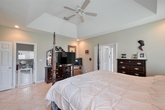 bedroom with visible vents, baseboards, ceiling fan, recessed lighting, and light tile patterned floors