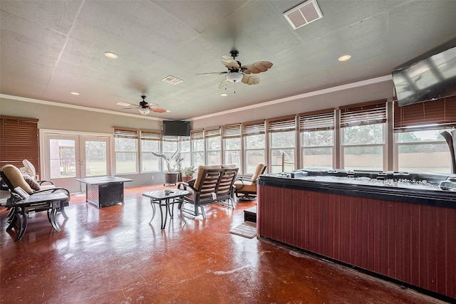 interior space featuring french doors, recessed lighting, a jacuzzi, visible vents, and ornamental molding