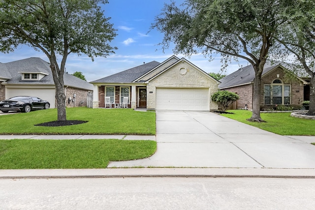 ranch-style house with brick siding, a garage, a front yard, and concrete driveway