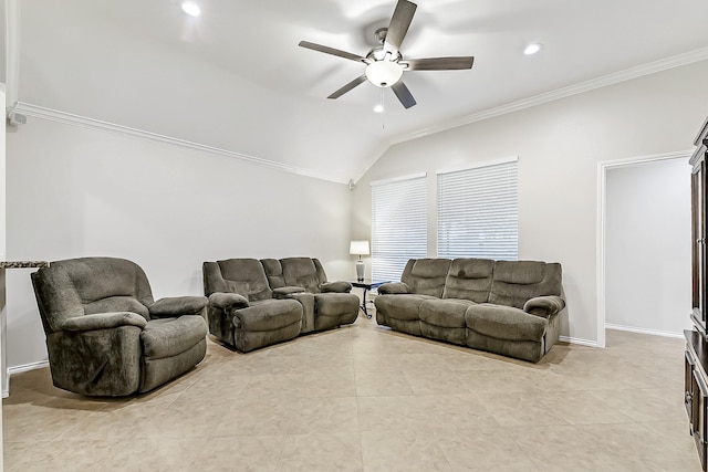 living room with ornamental molding, lofted ceiling, light tile patterned flooring, recessed lighting, and a ceiling fan