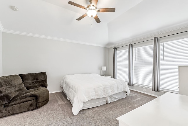 bedroom with a ceiling fan, carpet, ornamental molding, and lofted ceiling