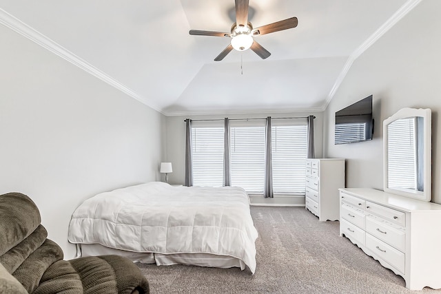 bedroom featuring crown molding, ceiling fan, vaulted ceiling, and light carpet