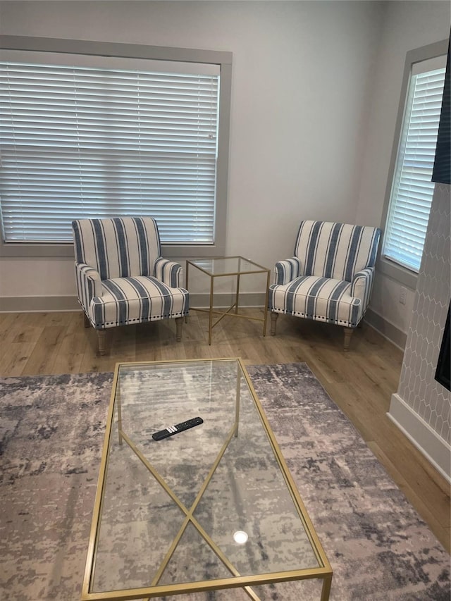 living area featuring baseboards and wood finished floors