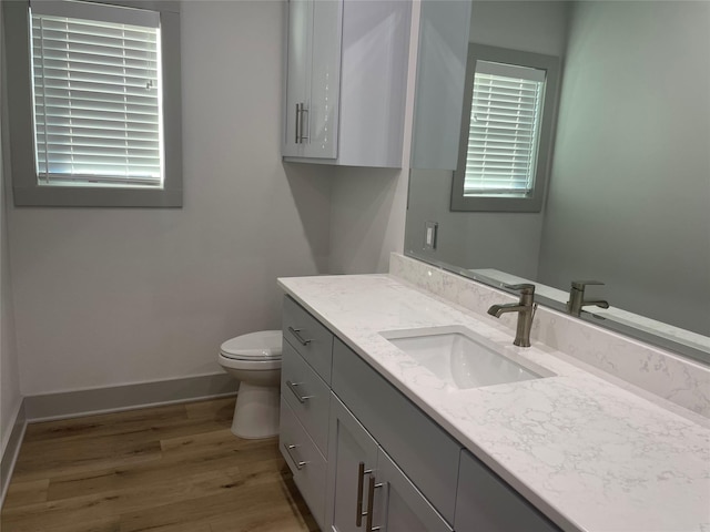 bathroom featuring toilet, baseboards, wood finished floors, and vanity