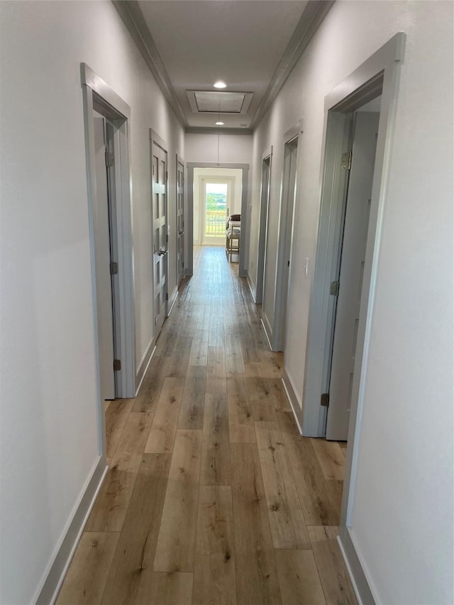 hallway with crown molding, baseboards, light wood-style flooring, and attic access